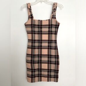 Bodycon Mini Dress Tan Black Red & White Plaid size Small/Medium by Shein